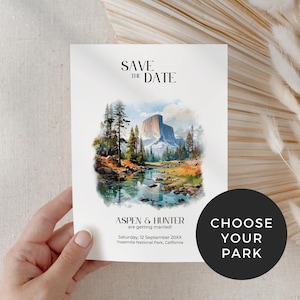 Parc national, réservez cette date, invitation montagne rustique imprimable, forêt boisée, invitation modifiable, mariage aventure, modèle canva - NP1