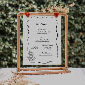 Champagne tower wedding drinks menu printable, hand drawn bar menu sign editable, whimsical wedding beverages sign, canva template- HD1