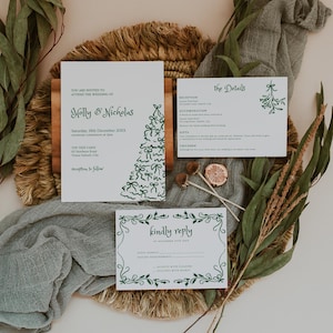 May include: A wedding invitation suite with a green and white color scheme. The invitation features a hand-drawn illustration of a Christmas tree with bows. The text on the invitation reads "You are invited to attend the wedding of Holly & Nicholas. Saturday, 18th December 20XX. The Tree Farm. Reception to follow."