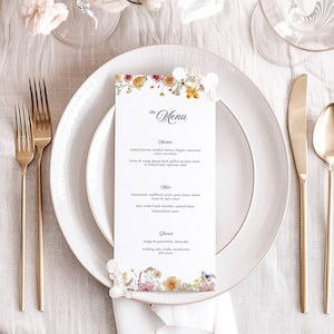 Menu de mariage fleurs pressées, menu du dîner fleurs sauvages séchées imprimable, carte de menu de table modifiable, modèle de toile, téléchargement immédiat, 4 x 9 - PF1