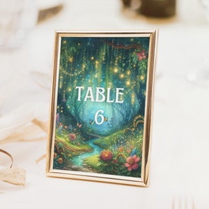 Numeri da tavolo per matrimonio foresta incantata, cartelli da tavolo per matrimonio foresta fantasy da favola, decorazioni da giardino magiche verdi, stampabili e modificabili - EF1