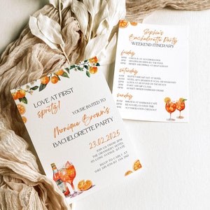 Plantilla de invitación para despedida de soltera con el mensaje Love at first spritz, itinerario de fin de semana con aperol spritz, tarjeta de invitación para despedida de soltera imprimible con cítricos, SP1