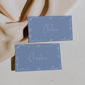 Ribbon bow border seating place card, colourful hand drawn wedding guest name cards, whimsical illustration name tag blue, funky trendy, HD2