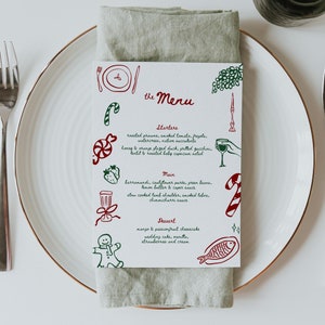 Ręcznie rysowany szablon menu weselnego na Boże Narodzenie, bazgroły menu na lunch świąteczny, czerwono-zielone świąteczne przyjęcie z kolacją, pisane ręcznie - CH1