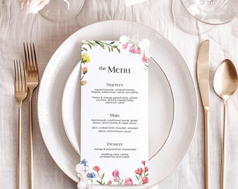 Wedding Wildflower Menu, Boho Floral, Pastel Garden Party, Food Card Place Setting Printable, Instant Download, Canva Template, 4x9 - WC1