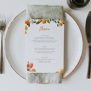 Liebe auf den ersten Blick Spritz Food Menü, Aperol Spritz Abendmenu, ausdruckbare Esskarte Lunch, Brautparty Tischmenu, Zitrus, 13x18 - SP1