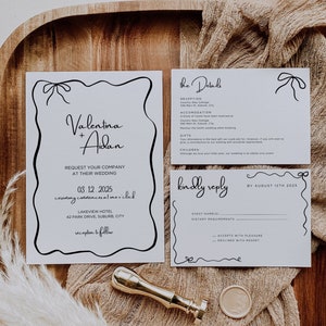Hochzeitseinladung mit schwarzer Schleife, handgezeichnete Hochzeitseinladung, wunderliche bedruckbare Einladung, Kringel bearbeitbare diy rsvp Details - HD1