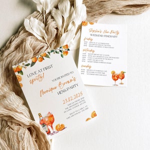 Plantilla de invitación para despedida de soltera Love at first spritz, itinerario de fin de semana de aperol spritz, tarjeta de invitación para despedida de soltera imprimible, naranja cítrica - SP1