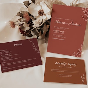 Faire-part de mariage en terre cuite et bordeaux, ensemble d'invitations bohème rustique, suite d'invitations florales, feuilles botaniques rouille en argile, détails rsvp