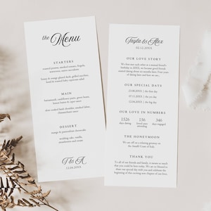 Faits amusants, menu de mariage, infographie, chronologie des histoires d'amour, merci de placer le couvert, carte de correspondance avec serviette de menu, modèle sur toile, téléchargement immédiat