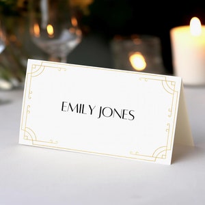 Afdrukbare art deco-naamkaartsjabloon bruiloft, tafelplaatskaart, buffetvoedselkaart bewerkbaar, gouden geometrisch frame modern, geweldig gatsby-thema