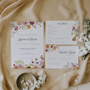 Modèle de suite de faire-part de mariage fleurs pressées, ensemble d'invitations de mariage fleurs sauvages séchées, carte imprimable détails, modèle Rsvp modifiable - PF1
