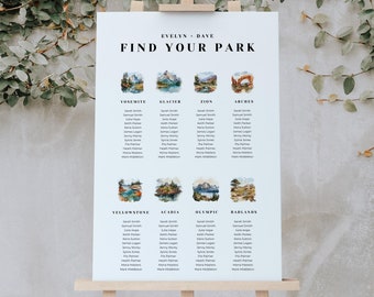 National Park Seating Chart Template, Find Your Park Poster, Find Your Seat Sign, Rustic Mountain Woodland Forest, Adventure Wedding - NP1