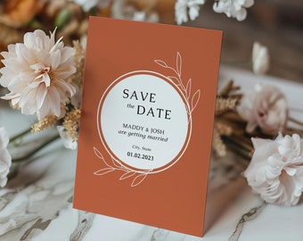 Greenery wedding save the date card template, printable terracotta invite, editable eucalyptus leaf invitation, rustic botanical