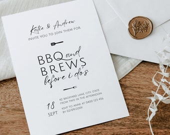 BBQ and brews before I do invitation, I do BBQ invite, minimalist couples shower invitation, engagement party invite, backyard BBQ, canva