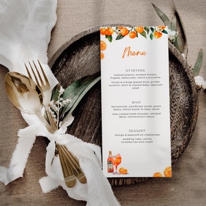 Liebe auf den ersten Spritzdruck Food-Speisekarte, Aperol Spritz Abendkarte, druckbare Esskarte Mittagessen, Brautparty Tischkarte, Zitrusfrüchte, 100 x 230 - SP1