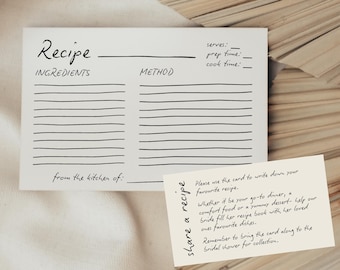 Bridal shower recipe instruction card, minimalist bridal shower recipe request insert, editable template, share a recipe with the bride