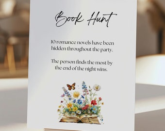A new chapter begins, book hunt activity sign, bridal shower activities, book lover games, printable shower sign, wildflower bookish signage