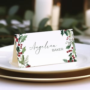 Cartões de lugar de casamento de Natal, cartão de assentos para festa de fim de ano, folhagens de azevinho de Natal para casamento de inverno, cartões de nome para jantar, modelo Canva - CH5