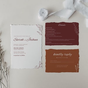 Faire-part de mariage en terre cuite et bordeaux, ensemble d'invitations bohème rustique, suite floral orange brûlé, feuilles botaniques rouille, détails rsvp modifiables