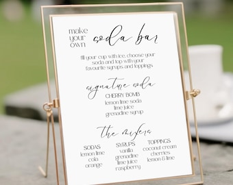 Menu baru z napojami gazowanymi na wesele, szyld baru z napojami bezalkoholowymi, edytowalny szyld menu napojów, brudny napój gazowany, szablon Canva, natychmiastowe pobranie