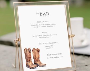 Cowboy boot wedding drinks menu printable, country western desert bar menu sign editable, wedding beverages sign, rustic boho - CB1