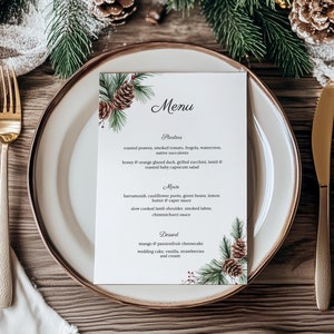 Szablon menu weselnego na Boże Narodzenie, menu na przyjęcie z sosnową zielenią, karta menu na świąteczny zimowy stół weselny, szablon do druku na płótnie - CH7