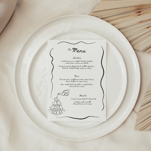 Menu de la tour de champagne de mariage, menu du dîner dessiné à la main imprimable, carte de menu de table d'illustration de griffonnage modifiable, style français, fantaisiste, HD1