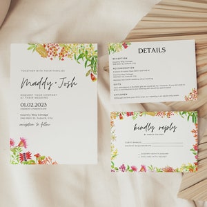 Australia native flower wedding invite template, wildflower printable invitation suite, boho spring floral editable diy rsvp details - NA01