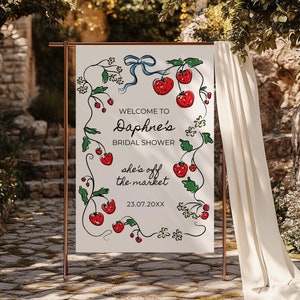 Fresh off the market bridal shower welcome sign, farmers market poster editable, hand drawn fruit, printable welcome board template - FM1