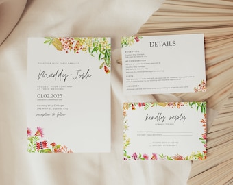 Australien Blumenhochzeitseinladung Vorlage, Wildblumen druckbare Einladungssuiten, Boho Frühlingsblumen editierbare diy rsvp Details - NA01