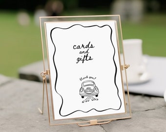 Hand drawn cards and gifts sign template, whimsical gifts table wedding sign, wedding table sign, scribble illustrations, french style - HD1