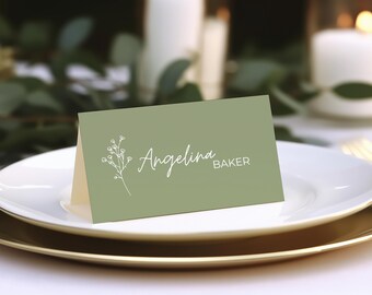 Sage green table tent wedding place cards, floral wedding name card template, baby breath food card editable, instant download, printable
