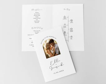 Wedding Ceremony Program Template With Picture, Minimalist Order of Service Printable, Modern Elegant Program Folded, Wedding Day Timeline