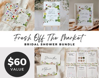 Fresh off the market bridal shower bundle, farmers market bridal shower games, invitation, welcome sign, editable signs set, favor tag - FM3