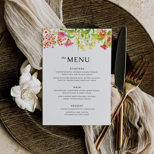 Plantilla de menú de boda floral nativo de Australia, tarjeta de menú de mesa de flores silvestres editable, menú de cena de recepción imprimible, descarga instantánea - NA01