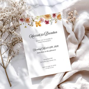 Invitación a una fiesta de compromiso con flores prensadas, plantilla editable para invitación a una fiesta de compromiso con flores silvestres secas, tarjeta de despedida de soltera con diseño floral bohemio para parejas - PF1
