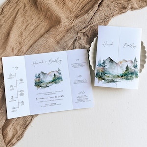 Invito a nozze pieghevole con motivo a montagna in acquerello, invito a nozze pieghevole a tre ante con motivo a foresta e bosco, modello stampabile con sequenza temporale - MO1