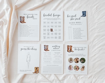 Boots and bubbly bridal shower games bundle editable, country western bachelorette party games printable, hens party activity template