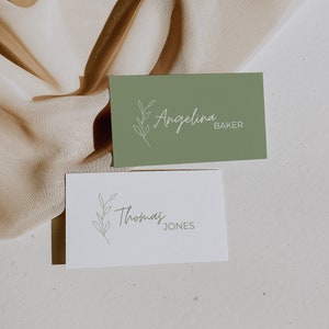Plantilla de tarjeta de nombre de boda verde salvia, tarjeta de lugar de hojas de eucalipto imprimible, tarjeta de comida verde editable, descarga mínima e instantánea - SG01