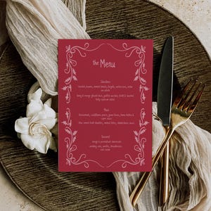 Ręcznie rysowany szablon menu weselnego na Boże Narodzenie, bazgroły menu na lunch świąteczny, obramowanie wieńca, doodle świąteczna kolacja na przyjęciu, różowy i czerwony - CH8