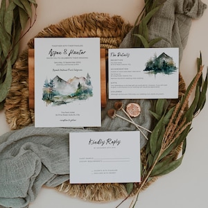 Hochzeitseinladung in den Bergen, rustikale Natureinladung zum Drucken, Kiefernwaldwald, Aquarell, Antwortkartendetails - MO1