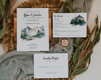 Mountain Wedding Invitation Suite Canva, Rustic Nature Invite Set Printable, Pine Woodland Forest, Watercolour, RSVP Details - MO1