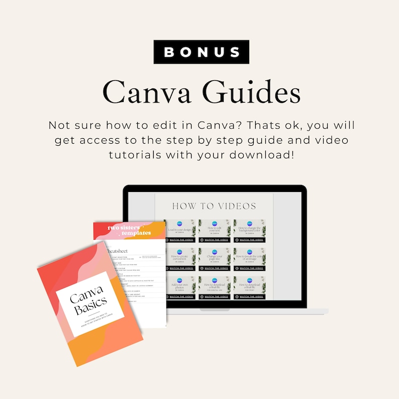 K&ouml;nnte beinhalten: Ein digitaler Marketing-Leitfaden mit dem Titel "Canva Basics" und "Two Sisters Templates" in Pink und Orange. Der Leitfaden enth&auml;lt eine Checkliste und Vorlagen. Ein Laptop-Bildschirm zeigt ein Video-Tutorial mit dem Titel "How to Videos" mit einem Raster von Video-Miniaturansichten.