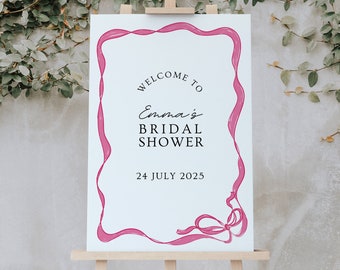 Bridal shower welcome sign hot pink bow, printable shower hand drawn bow welcome poster, editable welcome board, shes tying the knot - TY1