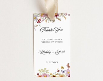 Pressed flower thank you tag editable, dried wildflower wedding favor tag label printable, boho floral gift tag, canva template - PF1