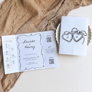 Invitación de boda plegable con garabatos dibujados a mano, invitación de boda plegable estilo francés, código QR, plantilla imprimible de línea de tiempo - HD1