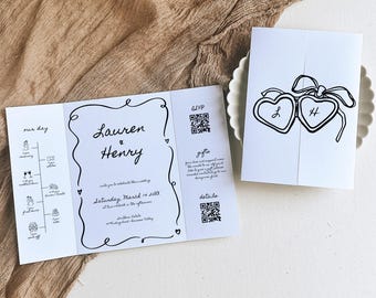 Hand Drawn Scribble Gatefold Wedding Invitation Canva, French Style Folded Wedding Invite, QR Code, Timeline Printable Template -HD1