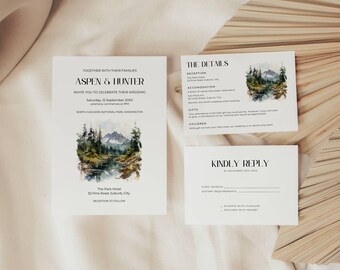 North Cascades National Park Wedding Invitation Suite, Rustic Mountain Invite Set Printable, Woodland Forest, Adventure Wedding, RSVP - NP1
