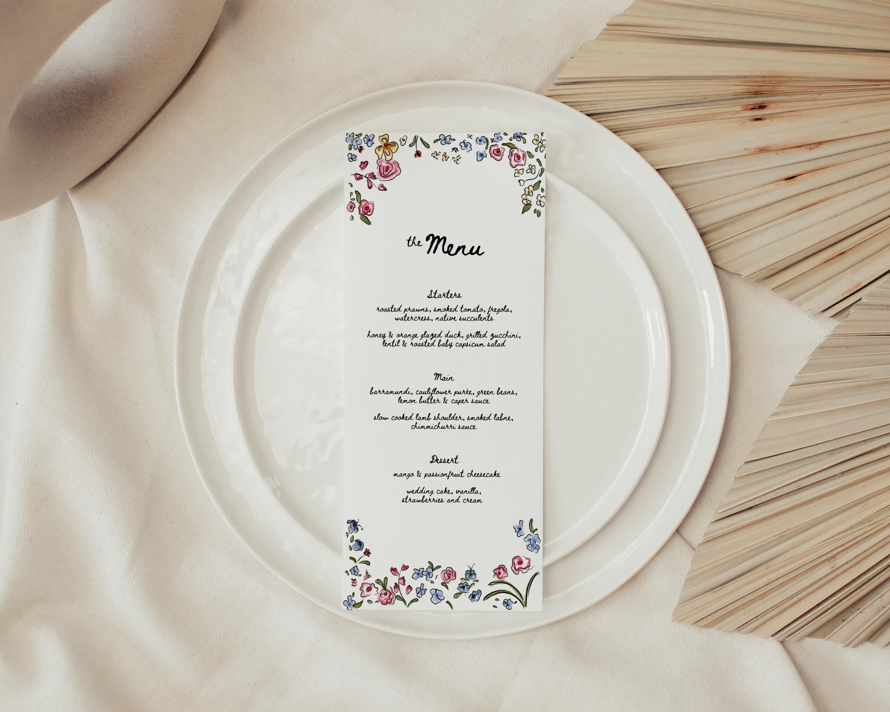 Hand drawn floral wedding dinner menu template, wildflower watercolor reception table menu card, whimsical printable editable, 4x9 - HD3